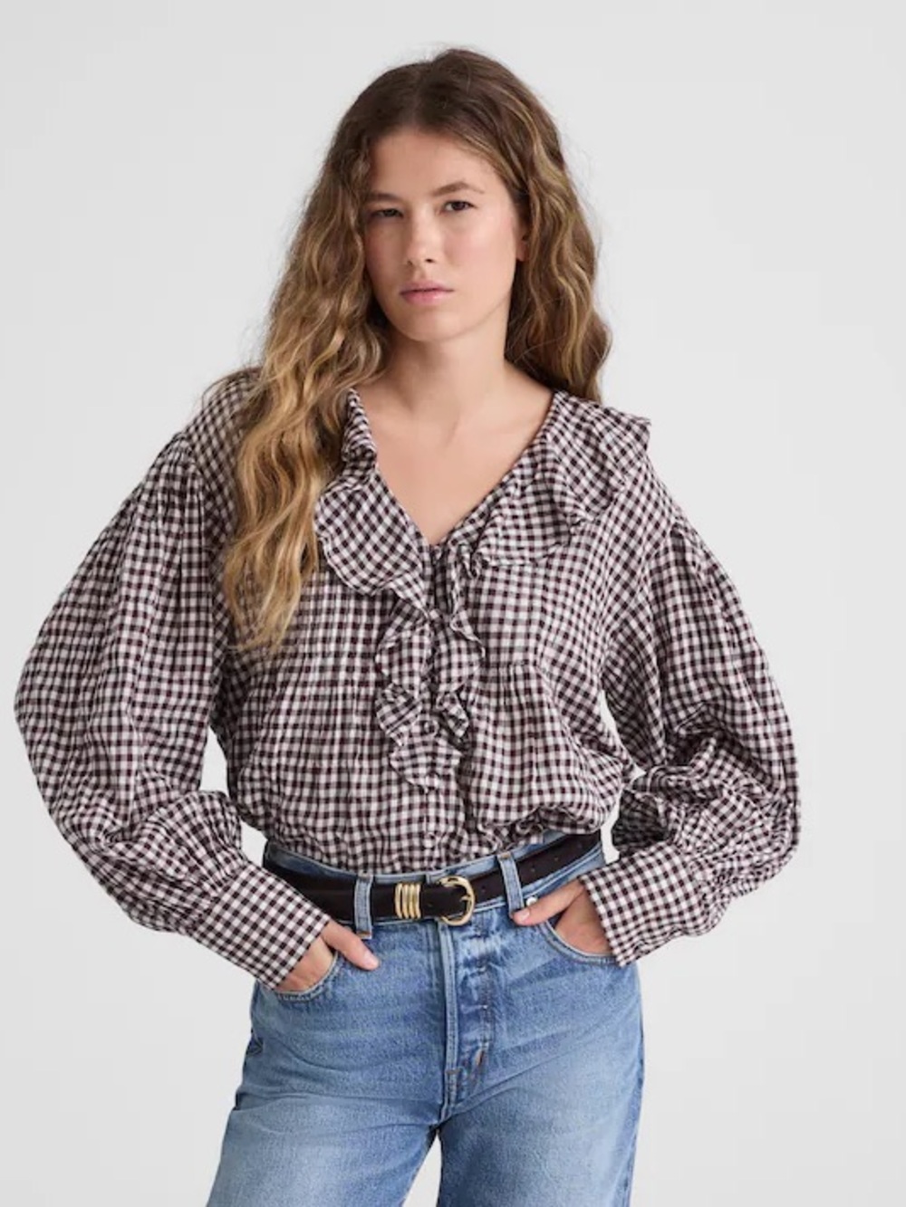 Madewell Ruffled Pintuck Top Chocolate Raisin Plaid Size Medium